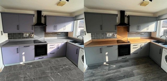 Keuken voor en na wrappen, met nieuw houten werkblad